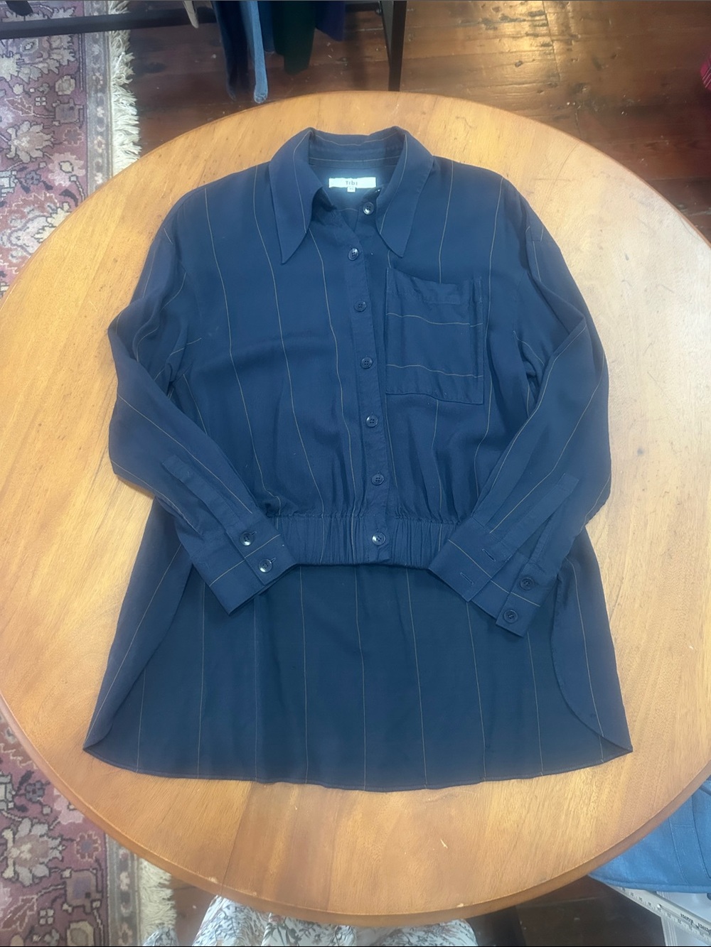 Tibi XS Navy Pinstripe Button-Down Shirt with built in belt